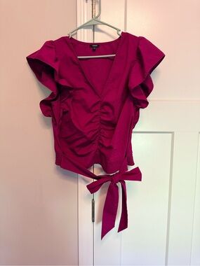 Express V-Neck Wrap Blouse in Fuchsia Pink